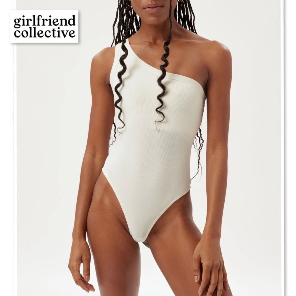 Girlfriend Collective Ivory Tate One Shoulder Bodysuit Ribbed  Bra Leotard S